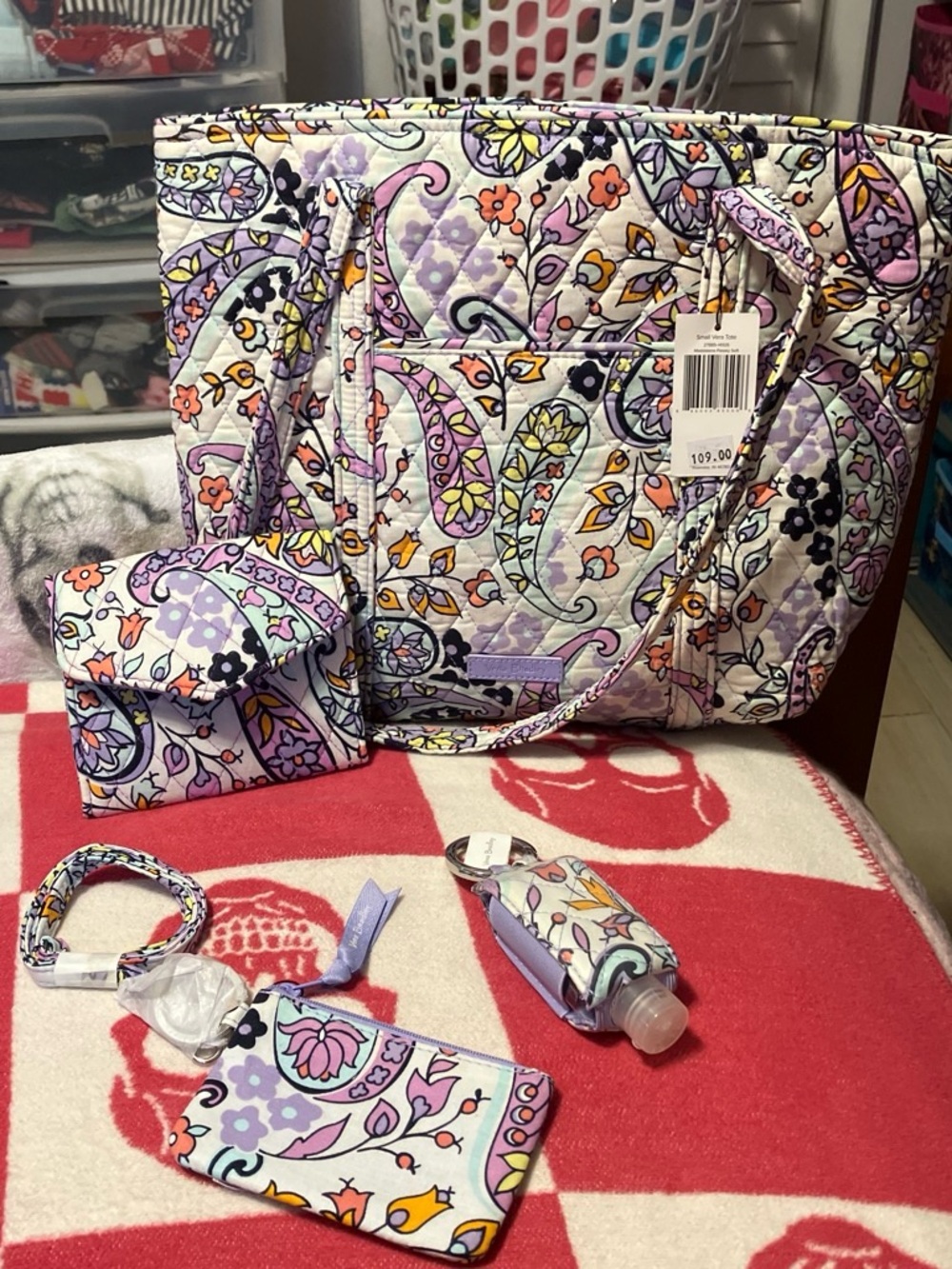 Vera Bradley Lavender Paisley Floral Quilted Tote with Matching Accessories